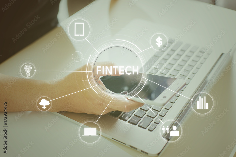 Poster businessman with fintech icon and internet of things with matrix code background., investment and fi