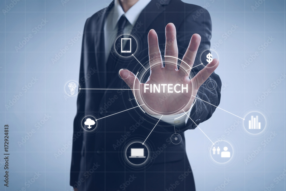 Poster businessman with fintech icon and internet of things with matrix code background., investment and fi