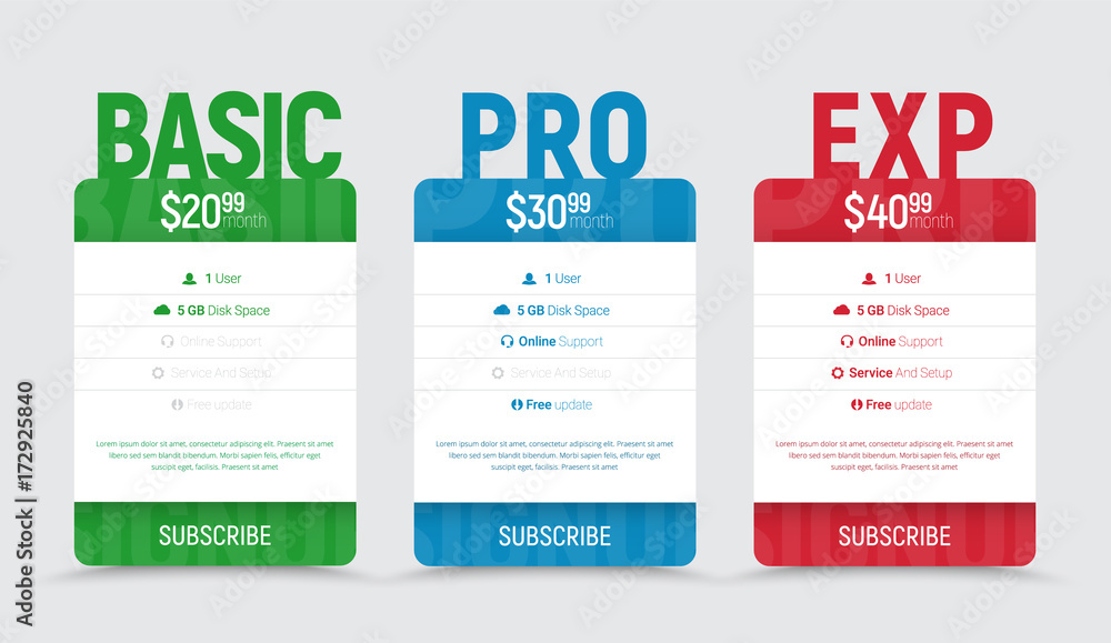 Poster templates of price tables for web sites