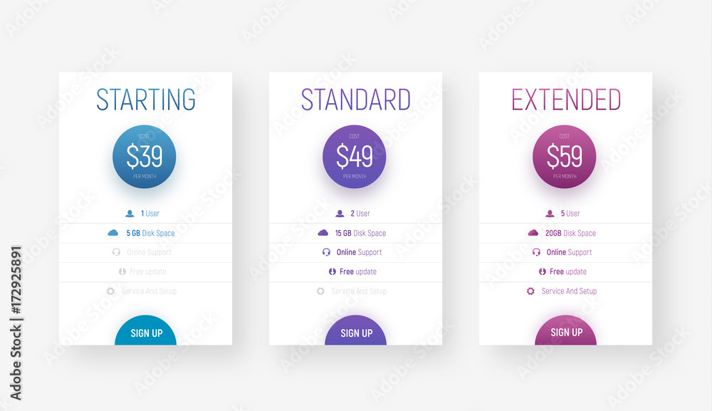 Poster Templates of vector price tables for web sites in a minimalist modern style