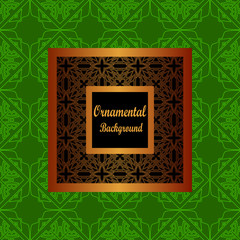 Vintage pattern on colored background with golden ornamental frame