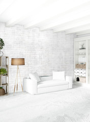 White bedroom minimal style Interior design with wood wall and grey sofa. 3D Rendering.