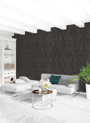 White bedroom minimal style Interior design with wood wall and grey sofa. 3D Rendering.