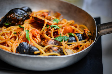 italian pasta close up - carbonara, sea food, bolognese