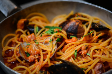 italian pasta close up - carbonara, sea food, bolognese