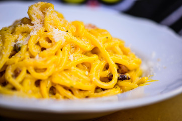 italian pasta close up - carbonara, sea food, bolognese