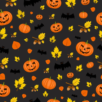 Halloween seamless texture with pumpkins, leaves and bats