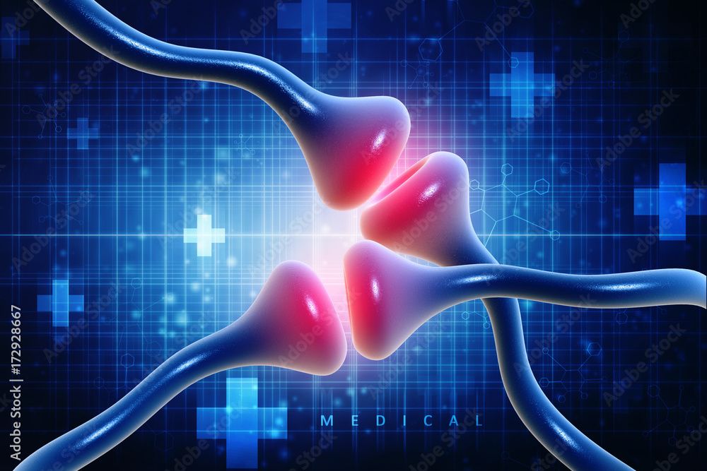 Poster synapse and neuron cells sending electrical chemical signals. 3d rendering
