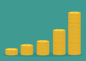 Gold coin stacks icon in shape of diagram. Dollar sign symbol. Cash money. Going up graph. Income and profits. Growing business concept. Isolated. Green background. Flat design.