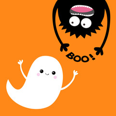 Happy Halloween card. Flying ghost spirit. Monster head silhouette. Boo Eyes, hands. Hanging upside down. Funny Cute cartoon baby character. Flat design. Orange background.