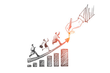 Teamwork concept. Hand drawn men and women moving up. People working together isolated vector illustration.
