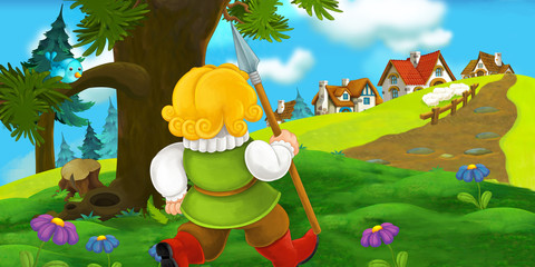 Naklejka premium cartoon scene with traveler near the village - illustration for children