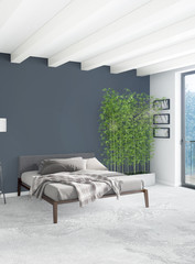White bedroom minimal style Interior design with wood wall and grey sofa. 3D Rendering.