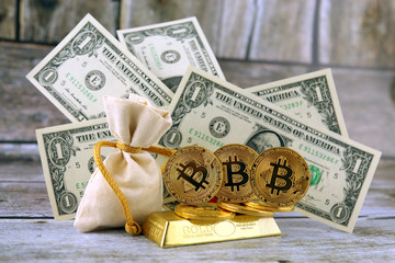 Physical version of Bitcoin, new virtual money. Conceptual image for investors in cryptocurrency,...