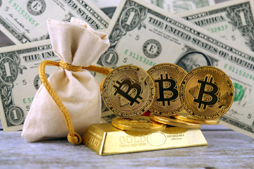 Physical version of Bitcoin, new virtual money. Conceptual image for investors in cryptocurrency,...