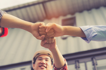 Three Engineer handshake circle together teamwork partner and join group building success project...