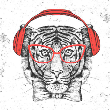 Hipster animal tiger. Hand drawing Muzzle of tiger