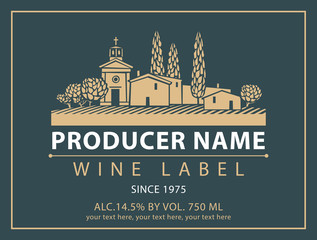 Vector label for bottle of wine with european village with a vineyard in retro style