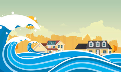 Tsunami, Flood Disaster, Vector Illustration. Overflooded Landscape. Eps 10