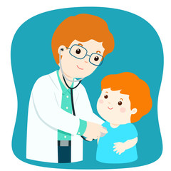 Obraz premium Little boy on medical check up with male pediatrician doctor cartoon vector.