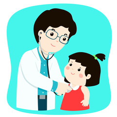 Little girl on medical check up with male pediatrician doctor cartoon vector.