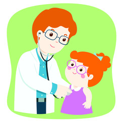 kid on medical check up with male pediatrician doctor. Vector illustration in a flat style.