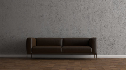 Ledersofa vor Betonwand auf weissem Holzboden
