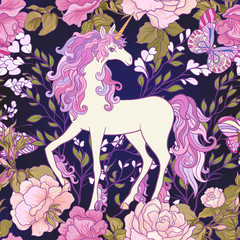 Fototapeta na wymiar The unicorn, roses and butterflies Seamless pattern in pink, pur