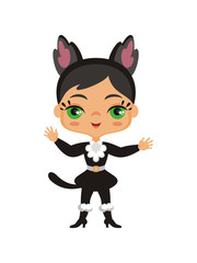 Little girl in costume of a black cat. Vector illustration in cartoon style.