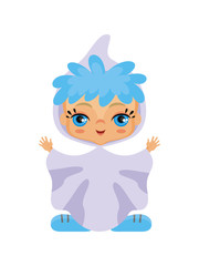 Little boy in costume of a ghost. Vector illustration in cartoon style.