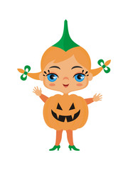 Little girl in costume of a pumpkin. Vector illustration in cartoon style.