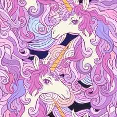 Unicorn with multicolored mane. Seamless pattern in pink, purple