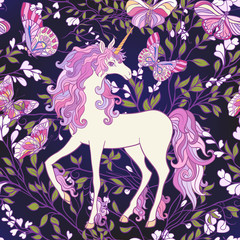 Obraz na płótnie Canvas The unicorn, roses and butterflies Seamless pattern in pink, pur