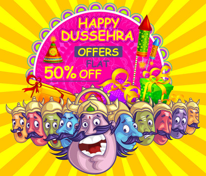 illustration of Lord Rama with bow arrow killing Ravan in Dussehra Navratri festival of India poster