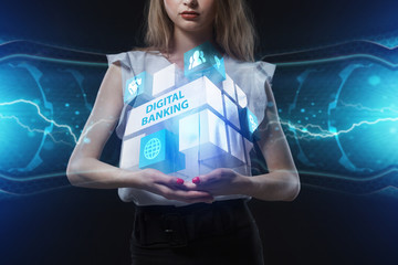 The concept of business, technology, the Internet and the network. A young entrepreneur working on a virtual screen of the future and sees the inscription: Digital banking