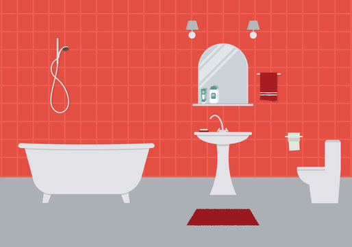 Bathroom and toilet in a red color. There is a bathtub, a wash basin, a toilet bowl, a mirror and other objects in the picture. Vector flat illustration.