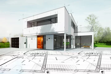 Foto op Plexiglas Dessin d'une maison d'architecte avec plan © Chlorophylle