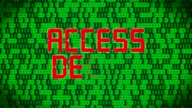 3d animation of a green binary code with red message access denied. Motion background.