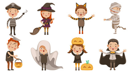 Halloween Set of children's characters for Halloween. Ghost, Cat demon, Costumes Dracula, witches,  monster, mummy, Zombies, Pirates, pumpkin. Fantasy concept. Vector illustration
