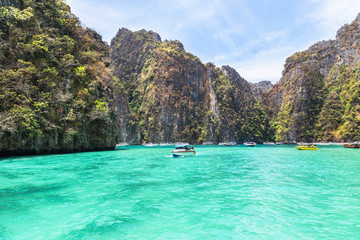 View of  Pileh bay is blue lagoon with limestone rock popular bay at phi phi island in the andaman...