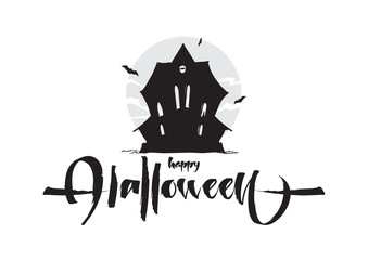 Vector illustration: Haunted  witch house with cat in the window and hand lettering of Happy Halloween isolated on white background.