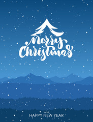 Vector illustration: Winter poster with mountains and Handwritten lettering of Merry Christmas