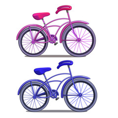 Fototapeta na wymiar Pink and blue bicycle isolated on white background. Vector illustration in cartoon style
