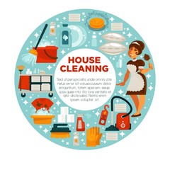 House cleaning poster of housewife housemaid and vector home clean tools
