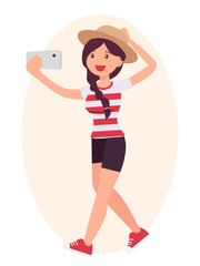 Cartoon character design female lovely cute girl wearing straw hat making selfie