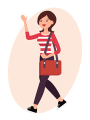Cartoon character design female woman wave hand greeting with shoulder bag