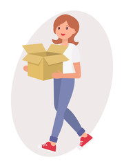 Cartoon character design female woman carry empty paper box with cheerful face