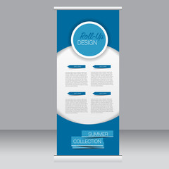 Roll up banner stand template. Abstract background for design,  business, education, advertisement. Vector  illustration. Blue color.