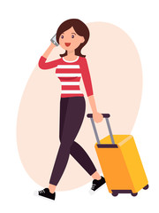 Cartoon character design female woman talking on the phone heading to airport