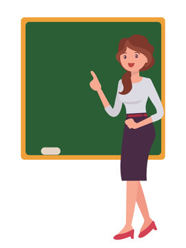 Cartoon character design female school standing in front of blackboard teaching lesson